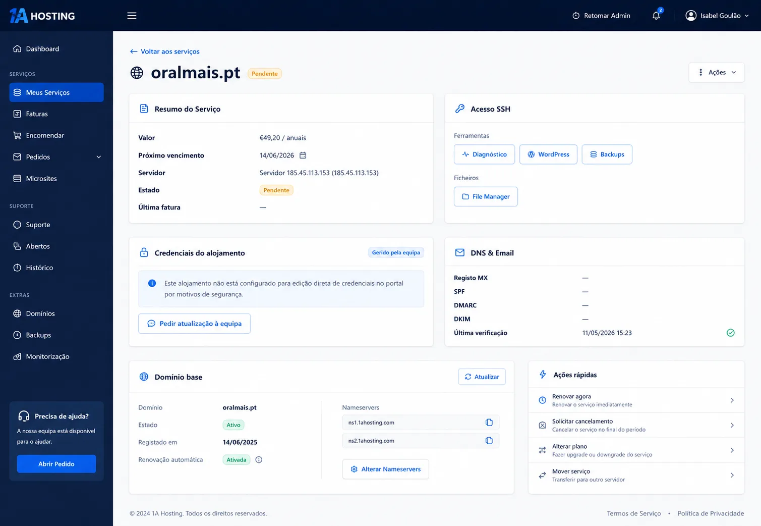 1ahosting hosting management interface